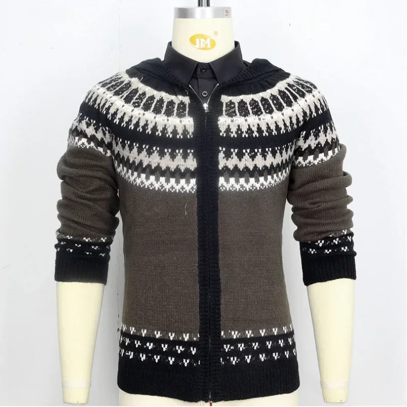 

Осень-зима мужские вязаные куртки на молнии с капюшоном жаккардовые повседневные свитера кардиган трикотажные пальто с капюшоном мужская одежда