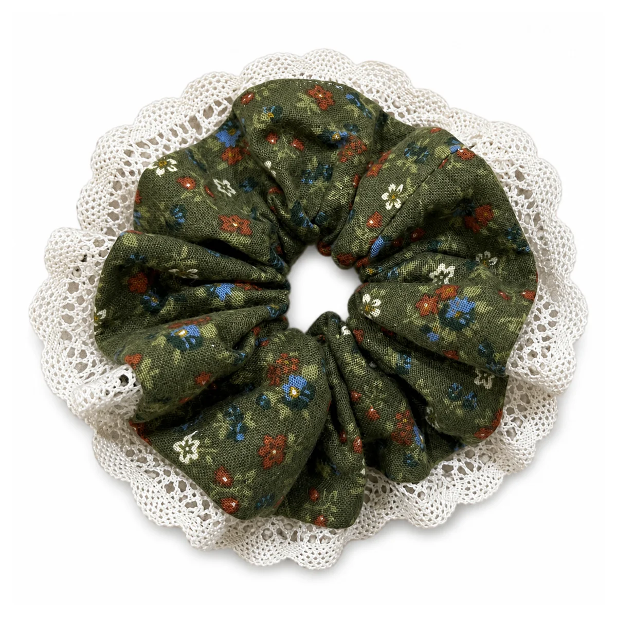 olive-green-rustic-floral-cream-openwork-lace-ruffled-double-layer-hair-scrunchie
