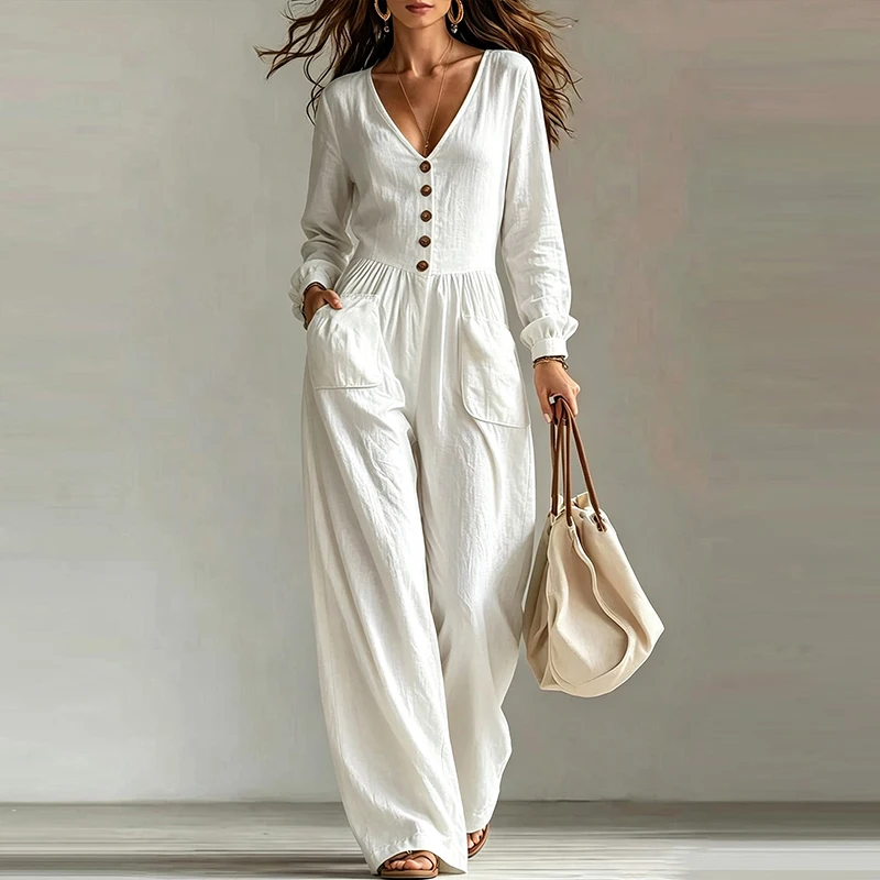 New Elegant Woman Jumpsuit V Neck Long Sleeve Button Playsuits Female Casual Overalls White Long Jumpsuits Women Outfits White