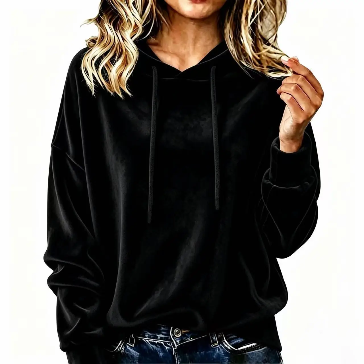 Korean Velvet Hooded Drawstring Long Sleeve Top Women's Solid Color Loose Fit Comfortable Casual Style