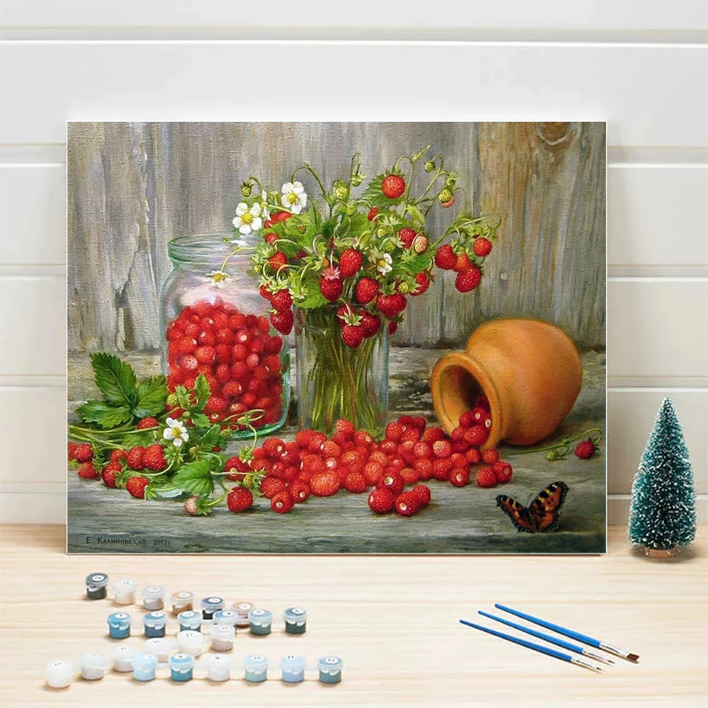 AZQSD Flower Picture Oil Painting By Numbers Fruit Kitchen Decor For Home 50x65cm Frame Diy Drawing On Canvas Berry Strawberry