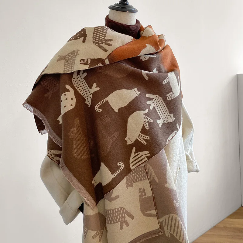 

Faux Cashmere Scarf Women Double Sided Cute Cartoon Cat Print Thick Warm Scarf Shawl Wrap Air Conditioner