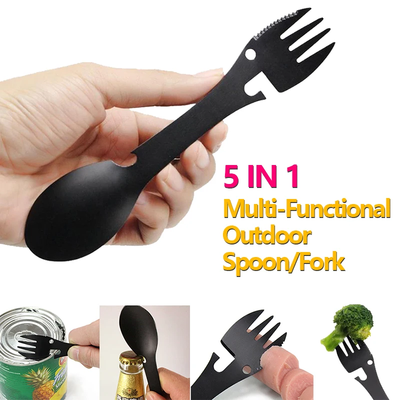 Stainless Steel 5 in 1 Multi-Functional Spoon Fork Knife Bottle/Can Opener Camping Hiking Cycling EDC Kit  Outdoor Survival Tool