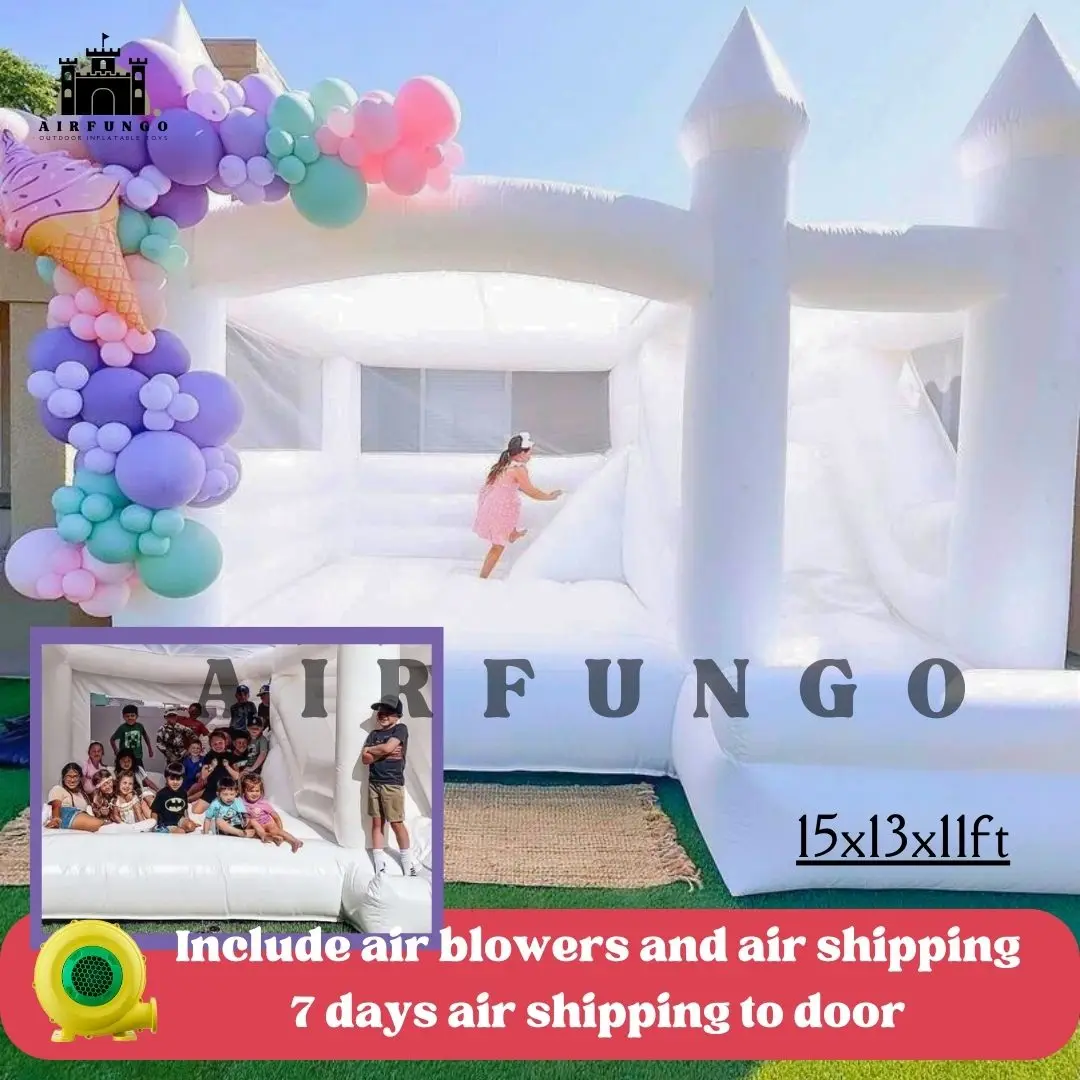 13x13ft / 15x13ft Inflatable White Bounce Houses With Slide And Ball Pit White Bounce Castle Air Bouncer Combo  Customization