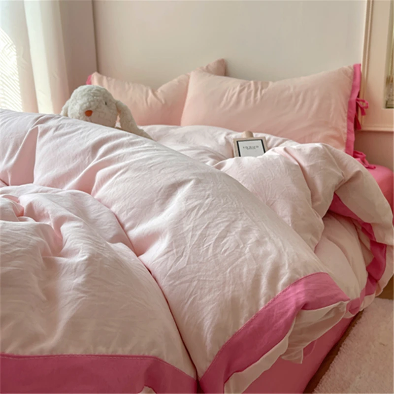 

Pink Fog Girl Soft Wa Cotton Four-Piece Bedding Set Contrast Color Blogger Sle Breathable Pure Color Dye-Active Printing