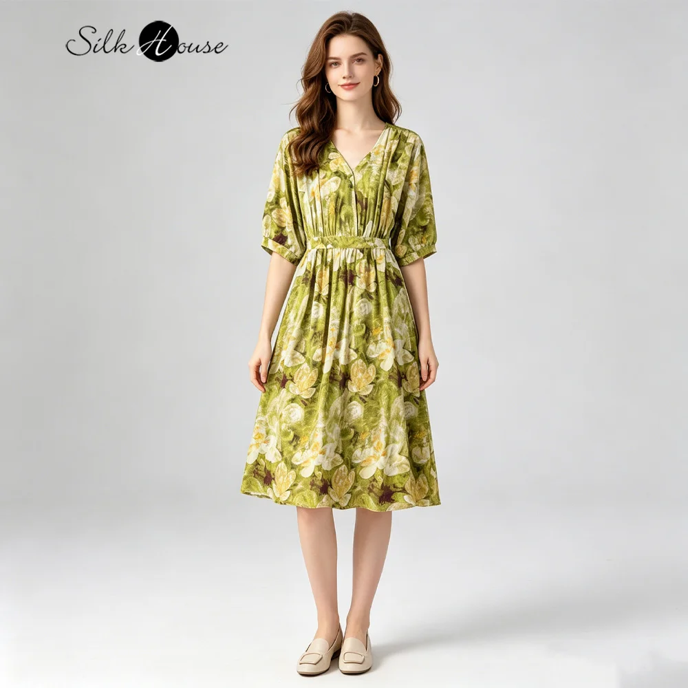 Women's Summer New Vacation Style 100% Natural Mulberry Silk Double Crepe V-neck Lantern Sleeve High Waisted Drawstring Dress