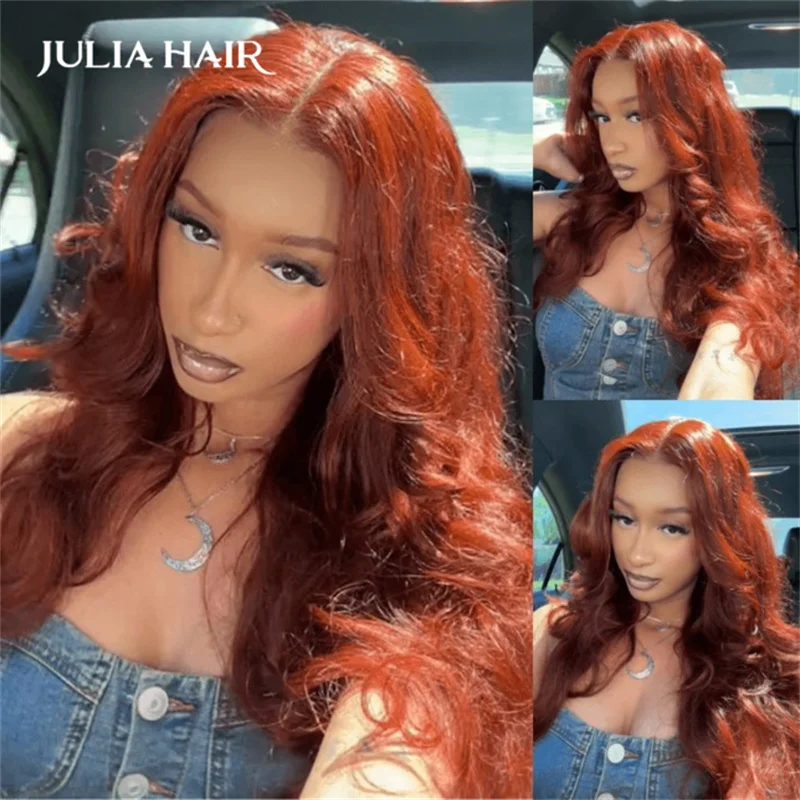 Julia rambut manusia coklat Reddidh Wig rambut manusia Brasil gelombang tubuh berwarna renda depan Wig sebelum dipotong transparan renda Wig tanpa lem 180%