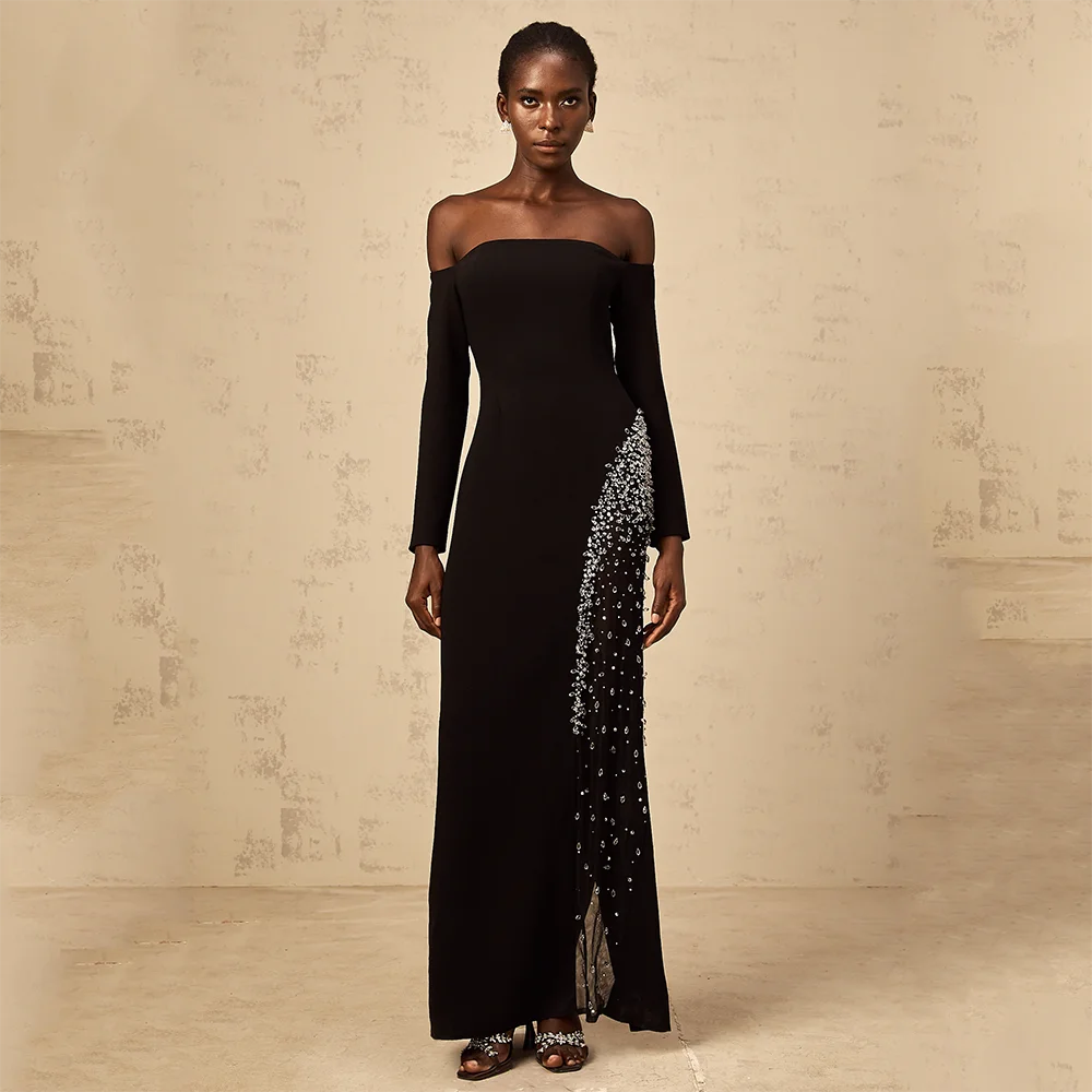 فساتين سهرة طويلة مخصصة بأكمام طويلة مناسبة رسمية أنيقة فساتين حفلات خرز كريستال 2025 طول الكاحل فساتين لحضور الحفلات الموسيقية #1