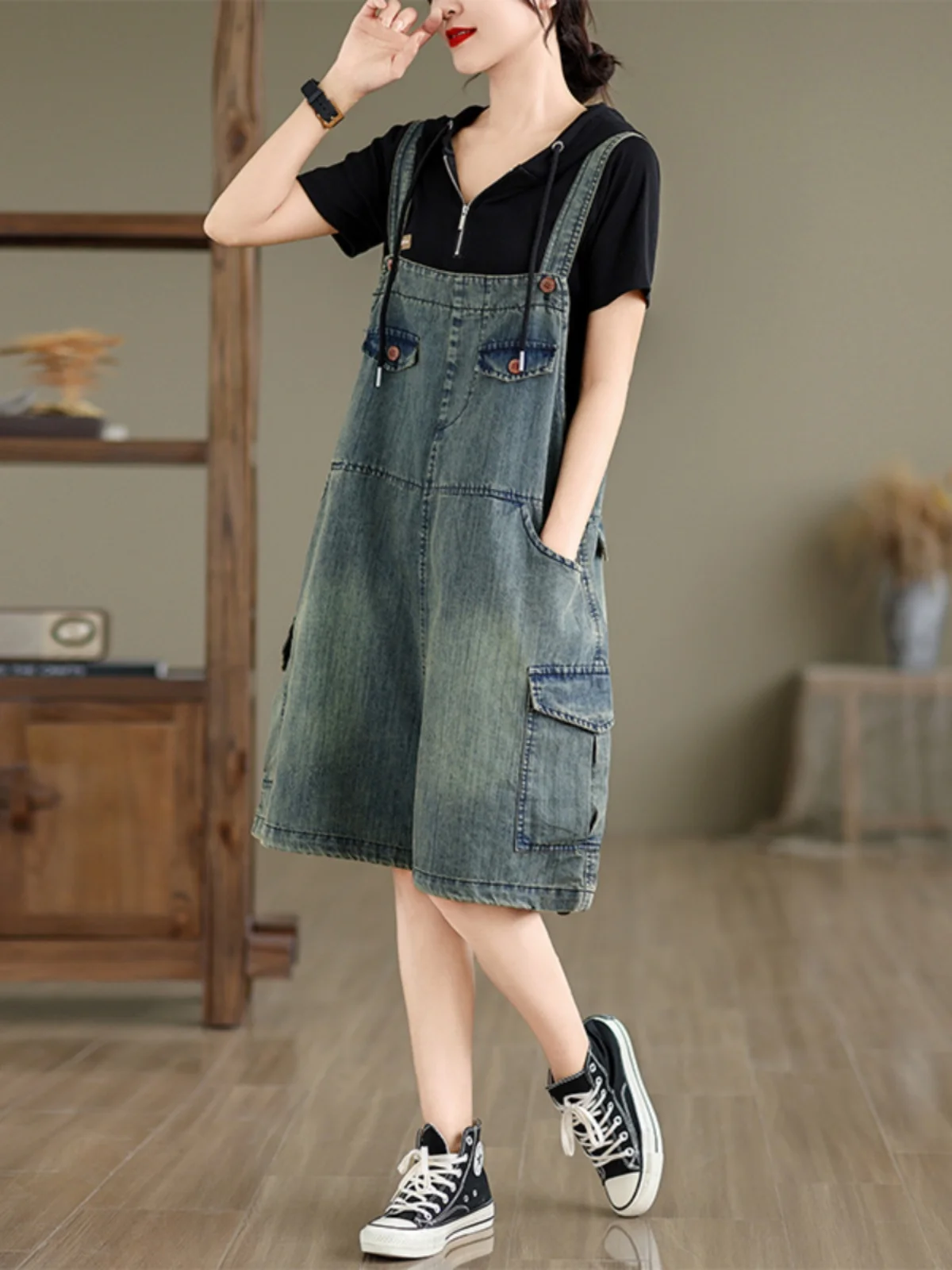 

Anti-Aging Denim Overalls Women's Summer New Faion Loose Slim Wide Leg Retro Workwear Five-Point Pants High Waist Blue
