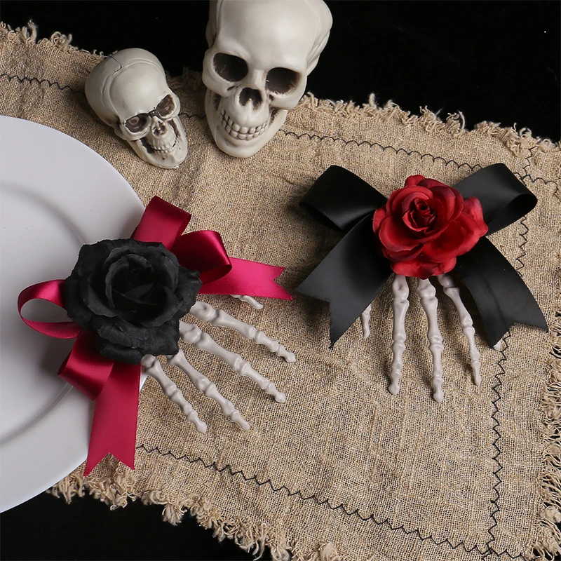 2pcs Halloween Skeleton Hand Skeleton Hairpin Ghost Festival Beautiful Horror Rose Bow Ghost Hand Side Clip