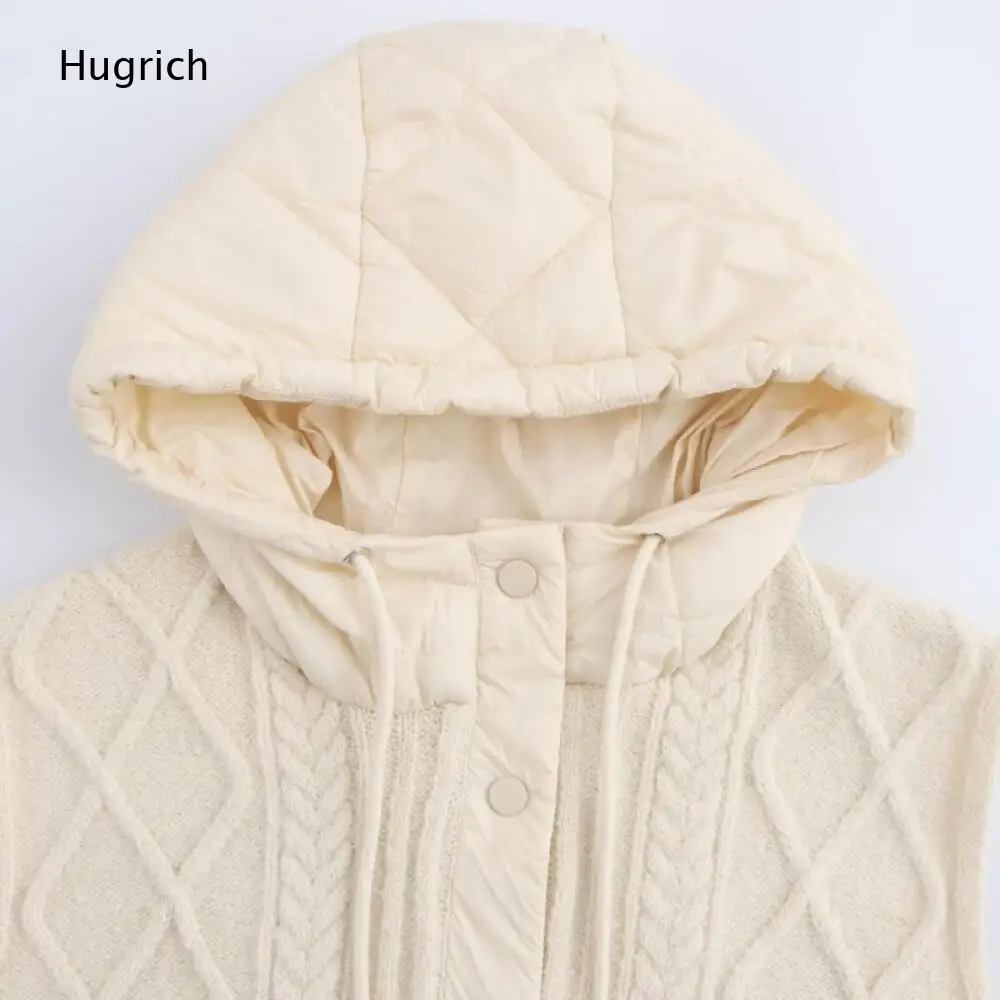 Cable Diamond Knit Sleeveless Vest Detachable Drawstring Hood Snap Button Front Rib Hem Warm Layering Knit Waistcoat