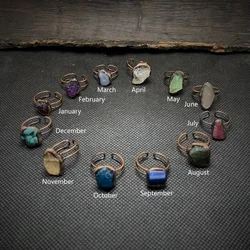1pc Vintage Twelve Zodiac Inlaid Natural Stone Adjustable Ring Birthday Gift For Female Party Accessory (random Shape)