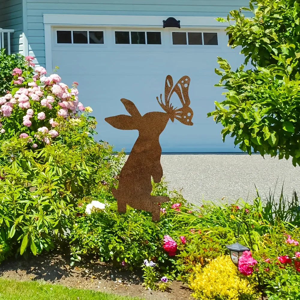 Rustic Metal Rabbit Garden Stake - Charming Rusty Bunny Yard Art with Butterfly Accents, Mother's Day and Classic Themed