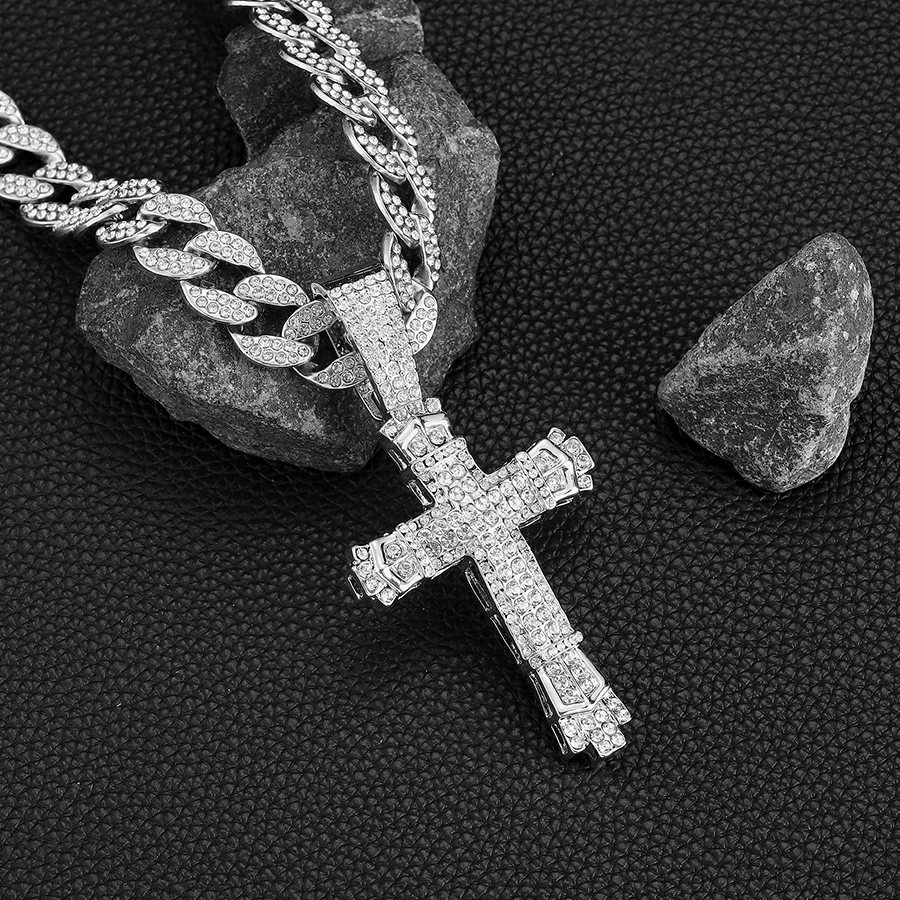 Cross Cross Pendant Necklace For Men Hip Hop Cuban Chain Bling Jewelry With Crystal Miami Cuban Chain fashion jewelry