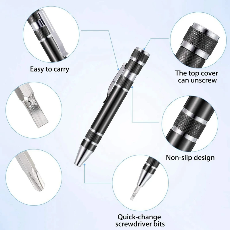 A69E12 Pcs Pen Screwdriver Handy Tool Eight In One Magnetic Pocket Screwdriver Multi-Function Mini Gadgets Repair Tools (Black)