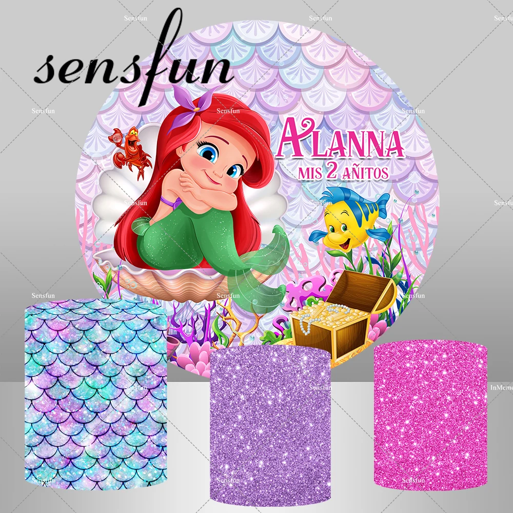 Baby Little Mermaid Princess Ariel Round Backdrop for Girls Baby Shower 1st Birthday Party Decor Under Thea Sea Plinth Covers