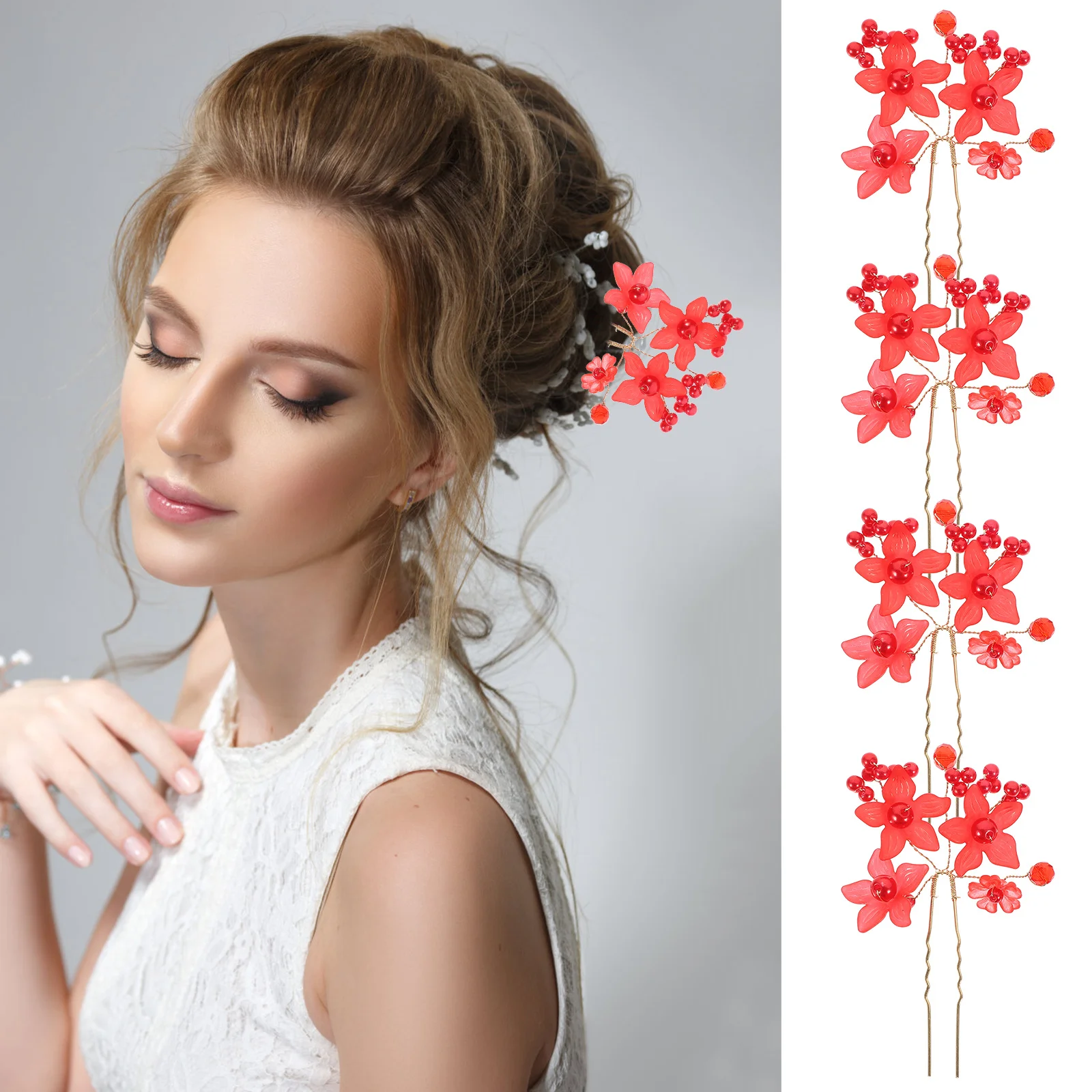 

4pcs Forks Flower Bun Fork Sturdy Hair Stick For Women Wedding Party Costume Ball Chinese Style Acrylic Metal Hairpin Bun