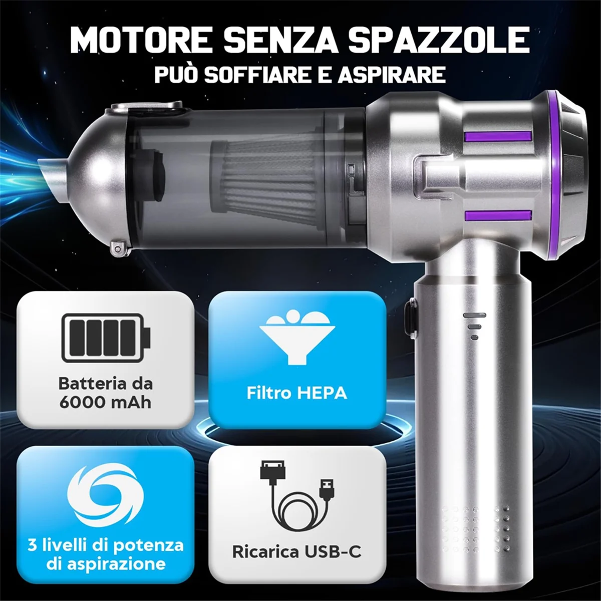 

A008 Handheld Car Vacuum Cordless,Mini Cleaner Rechargeable,16000Pa Portable Vacuum with Multi-Nozzles for Home,Office,Pet