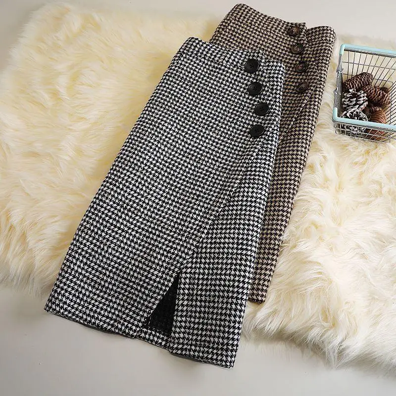 Women's Winter Houndstooth Wool Midi Skirt Irregular Waist A-Line Pencil Style Versatile Fashion Design Half Skirt