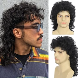 Curly Mullet Wigs for Men 70s 80s Black Long Curly Wigs Hippie Rocking Party Cosplay Costume Anime Heat Resistant Synthetic Hai