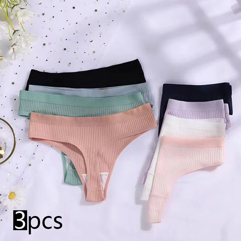 Women's Panties Seamless Ribbed Thongs Low Waist Underpants Comfortable Cotton G-strings Solid Color Underwear Female Lingerie