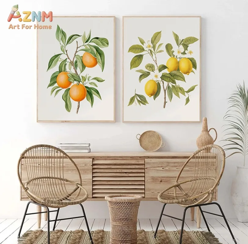 AZNM Vintage Botanical Fruit Canvas Wall Art Lemon Pomegranate Grape Apple Orange Watercolor Fruit Branch Print Farmhouse Kitche