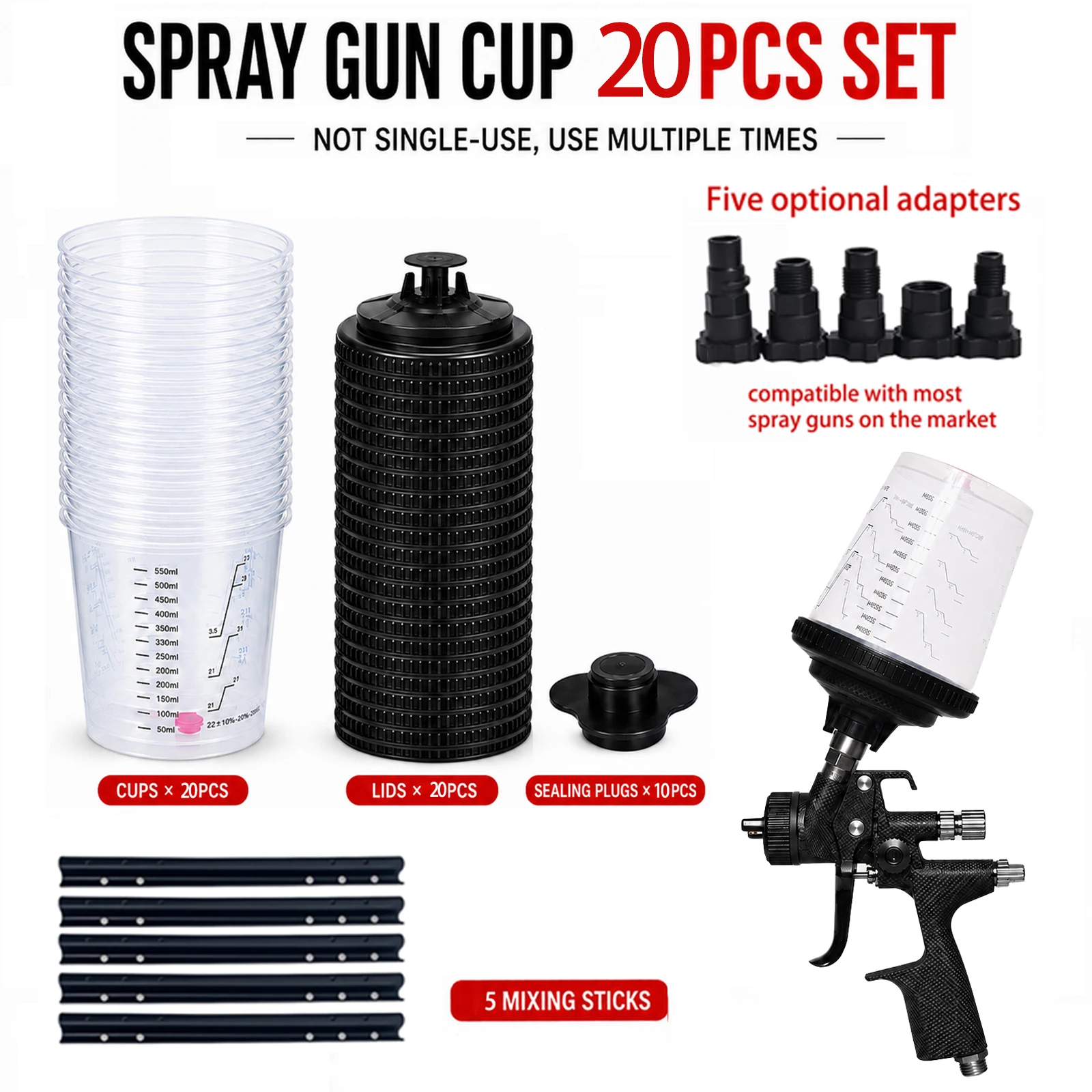 5/10/20-Pack 600ml Spray Gun Paint Mixing Cups, H/O Quick Cup System with Hard Cup, Lid, Adapter, Rod & Plug