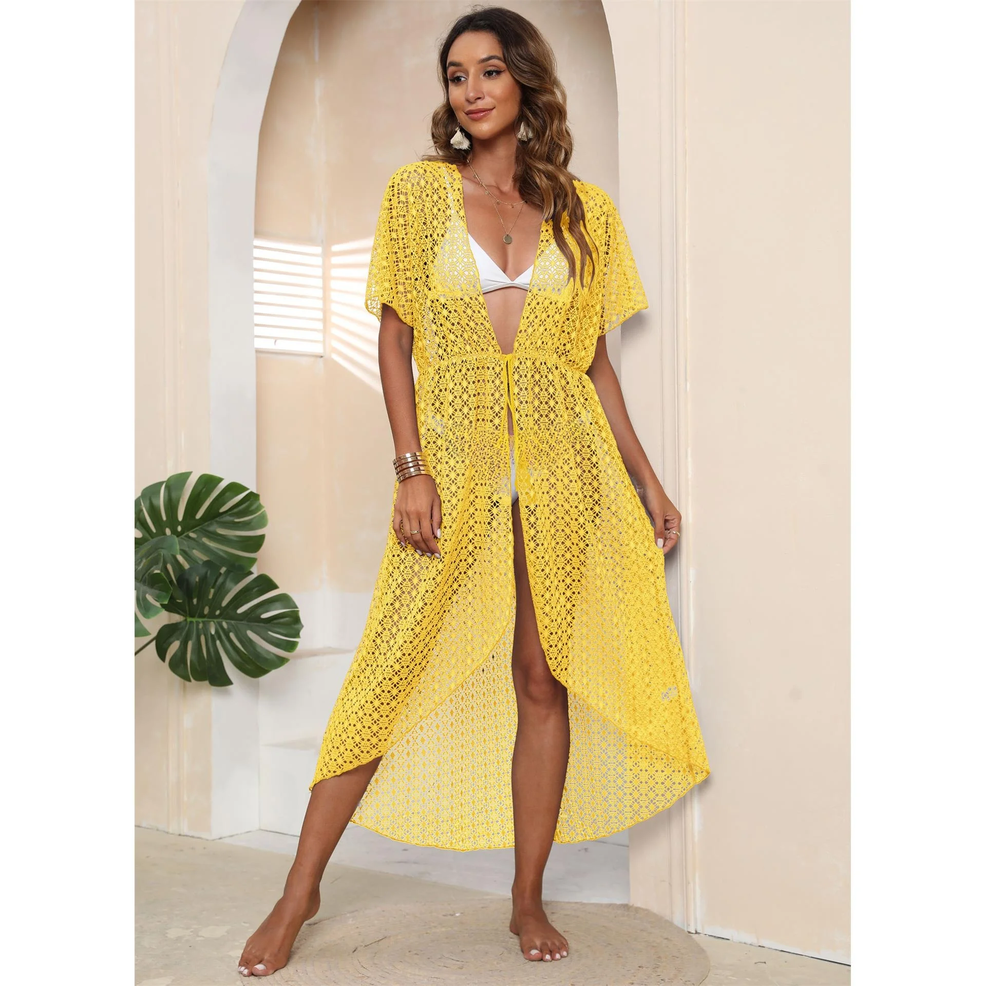 Koronkowa narzutka plażowa damska wiązana kardigan z poliestru typu batwing, ażurowa odzież robocza, letnia nowość, styl casual...