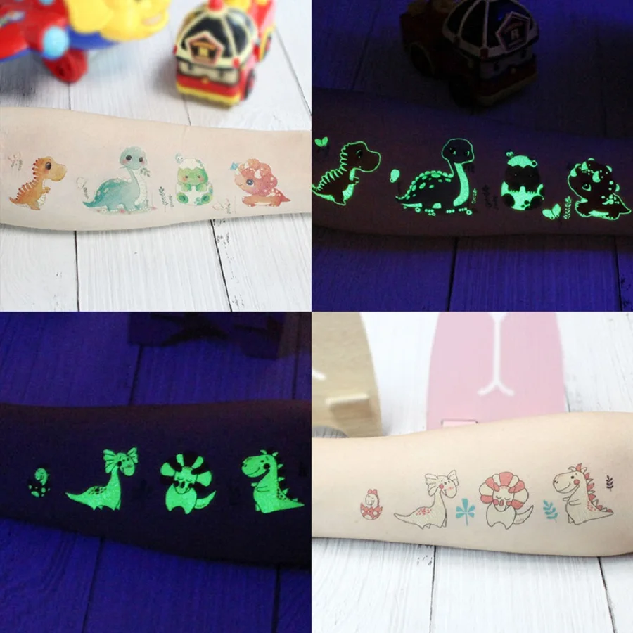 12 ورقة تتوهج في الظلام ديناصور الوشم مقاوم للماء المؤقتة T-ريكس التيروصور الاطفال هيئة الفن لوازم الحفلات تخزين ستوفير جودي