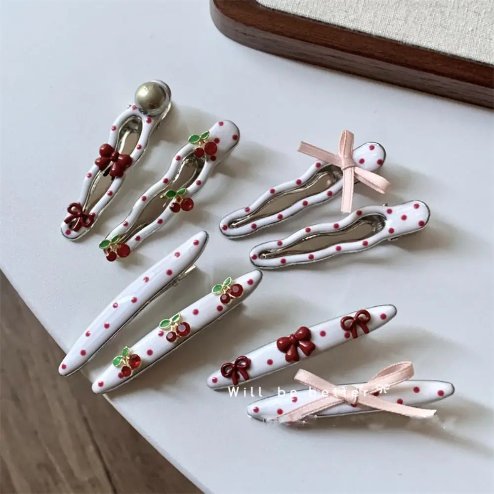 Korean Sweet Hand-Made Alloy Pink Polka Dot Hairpin Cherry Bow Pearl Fringe Hair Accessories Creative Fashion Headwear