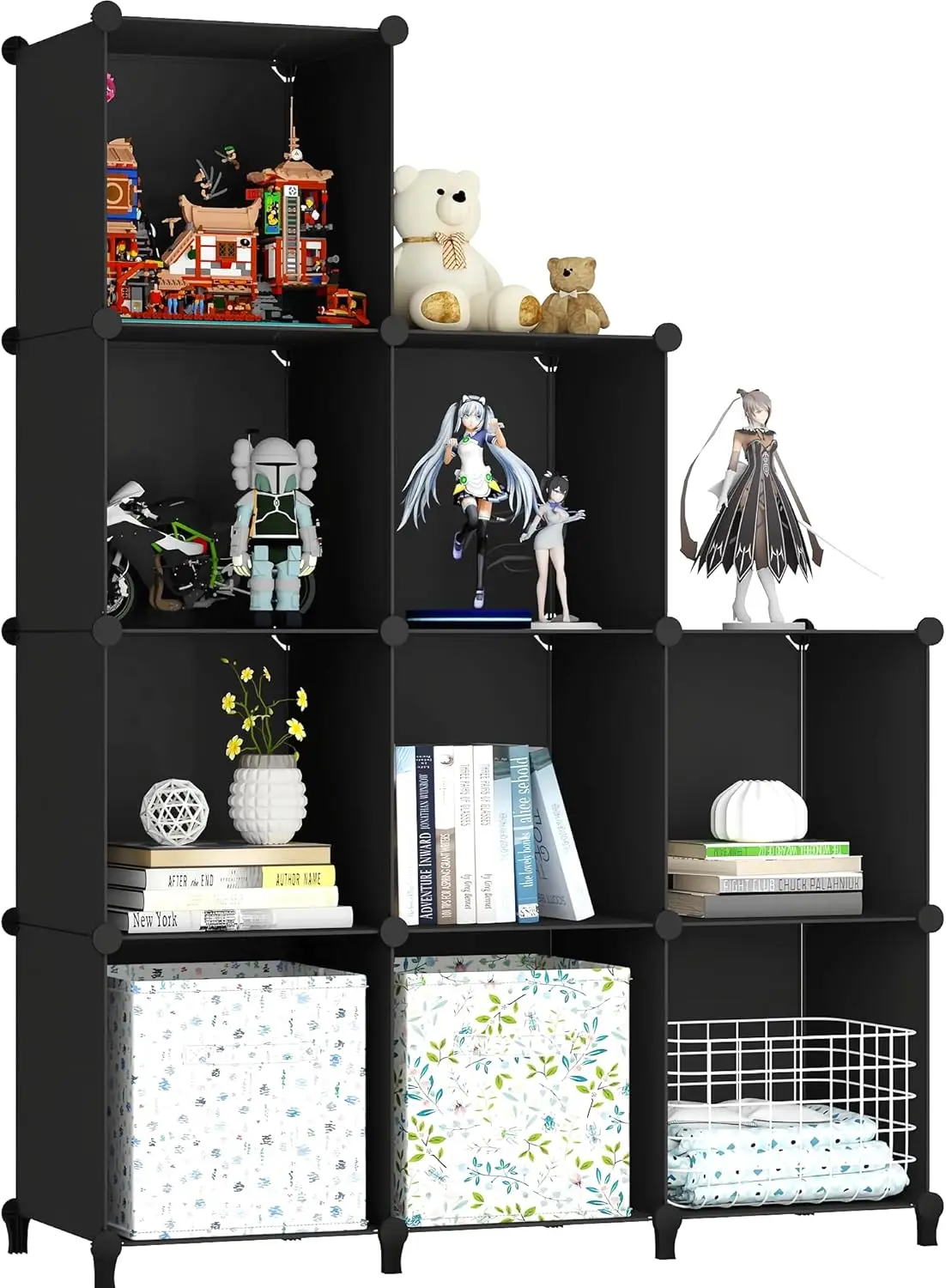 

Modular Cubes 9 Cubes Black (93x93x30cm) Plastic Portable Organizer Bookshelf Rack Hat hanger Rack for clothes Clothes stand