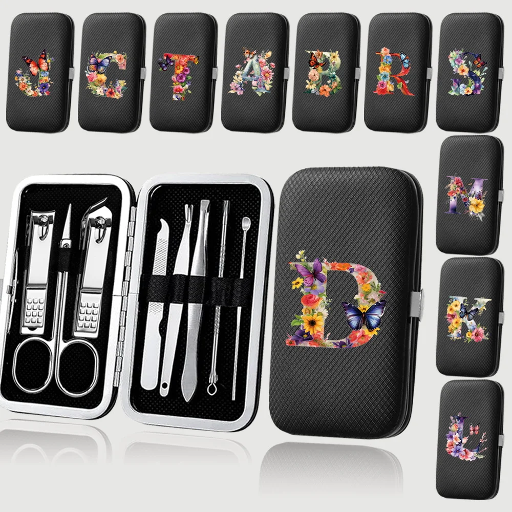 

8Pcs Travel Manicure Set Stainless Steel Pedicure Tools Nail Clipper Kit Portable Beauty Organizer Case Butterfly Letter Pattern