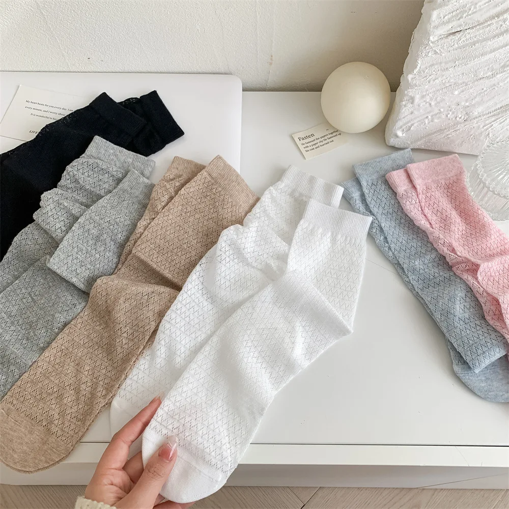 Summer Thin Women Socks Hollow Out Mesh Breathable Lace Socks JK Japanese Style Solid Color School Girls Kawaii Loose Long Socks