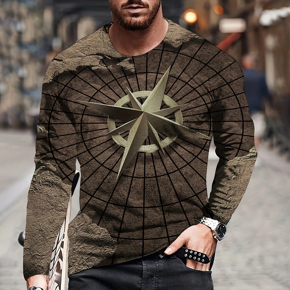 

2026 Vintage Men's T Shirt Cotton Cross Pattern Long Sleeve 3D Clothing Nautical Map Print Street Harajuku Oversized