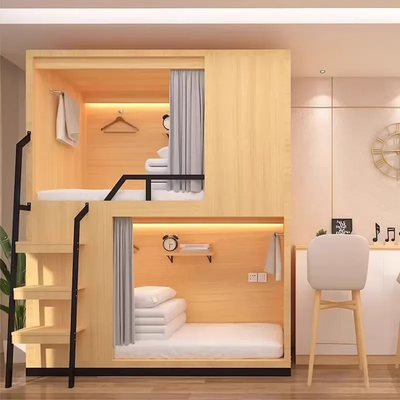 Modern Wooden Bunk Beds Loft Bed with Storage Guardrail for Hostel Apartment Student Dormitory Bedroom Furniture