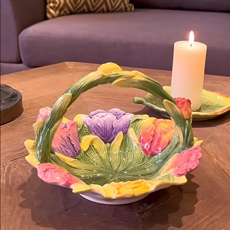 

Export single ceramic tulip basket hand painted underglaze engraved storage basket fruit basket dim sum bowl bread plate