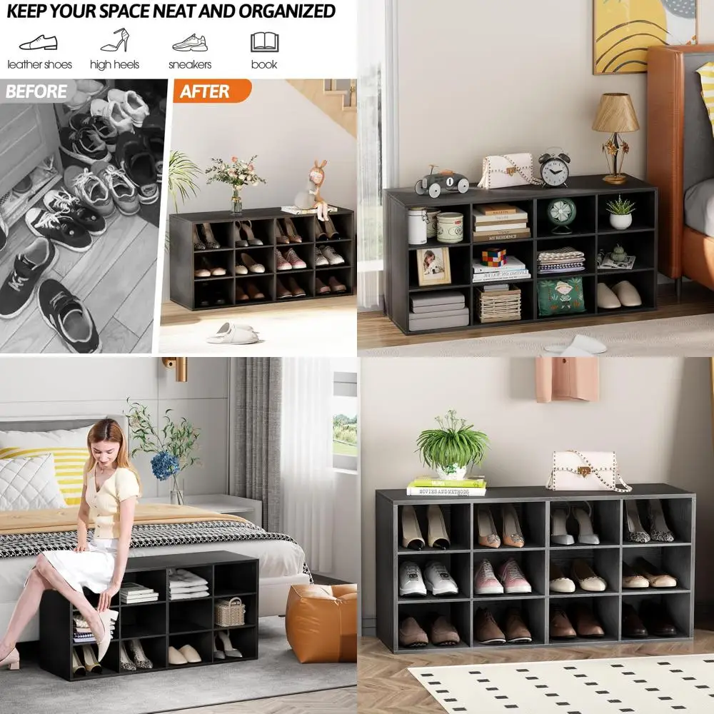 

12-Cubby Black Wood Shoe Storage Bench Organizer, 3-Tier Entryway, Hallway, Closet & Garage