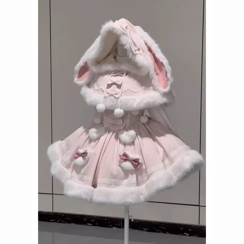 

2026 New Japanese Jk Bow Suit Lolita 2 Pieces Set Women Sweet Patchwork Furry Slip Dress+Sweet Cute Rabbit Ears Hooded Cape Coat