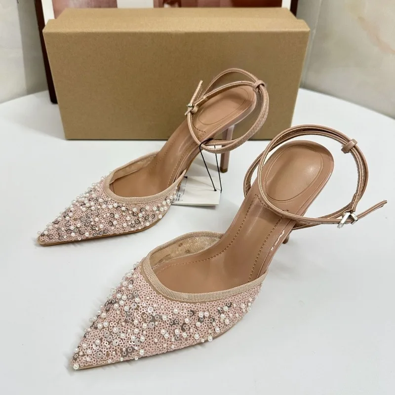 

Luxury Pearls Sequined Mesh Women Pumps Sexy Ankle Strap Pointed Toe Designer Wedding Evening Party High Heels Shoes for Ladies