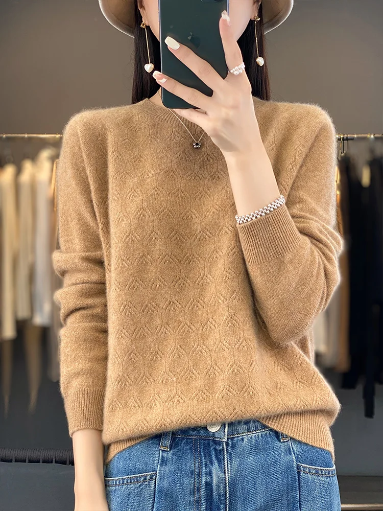 Women O-neck Knitted Thin Cardigan 100% Merino Wool Long Sleeve Sweater For Spring Autumn Casusal Hollow out tops Clothing