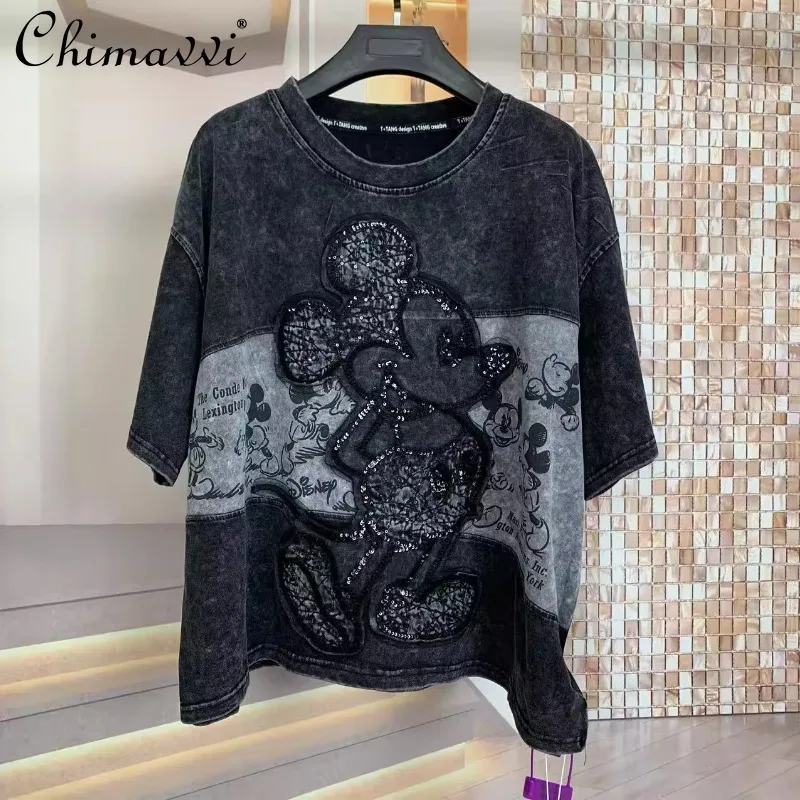

Summer New Heavy Industry Washed Mickey Skinny Cartoon Loose Short Sleeve T-Shirt For Women
