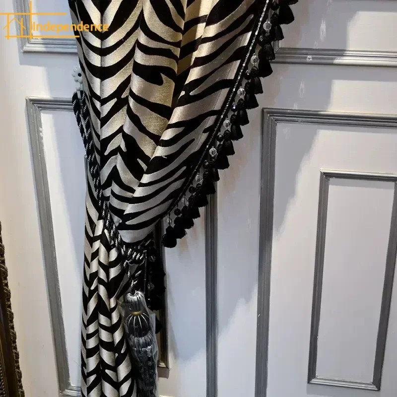 

New Zebra Stripes Black and White Jacquard Thickened Blackout Curtains for Living Room Bedroom Window French Window Customized