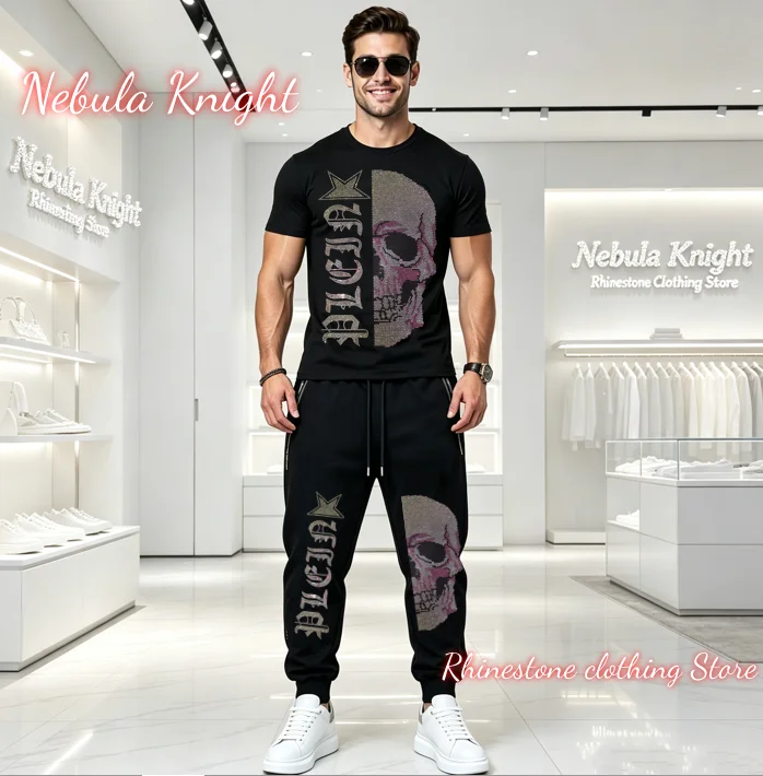 Men Luxury Rhinestone Tracksuit Set Designer 2 Piece Outfit Stitching Pullover Jogger Pants Urban Streetwear Daily Casual Suit