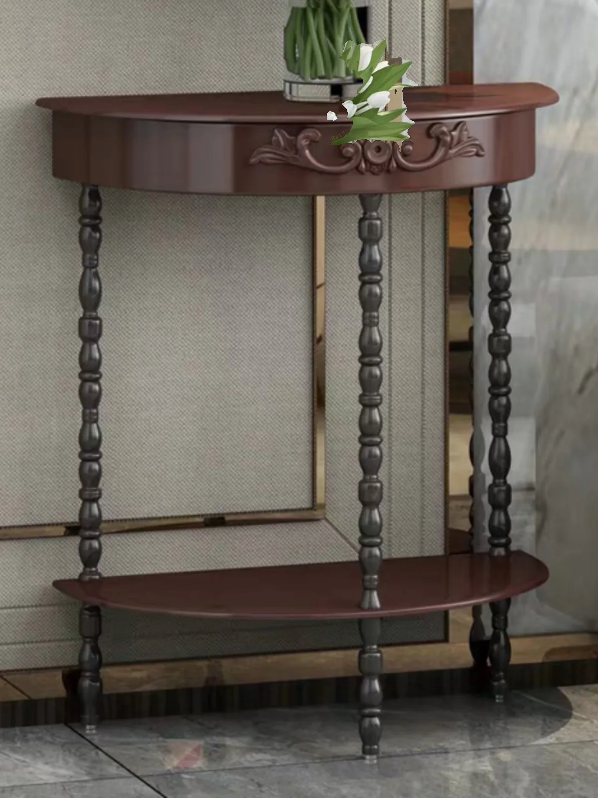 

table, strip case, entrance table, table against the wall, facing the door, strip table, wrought iron semicircular entr