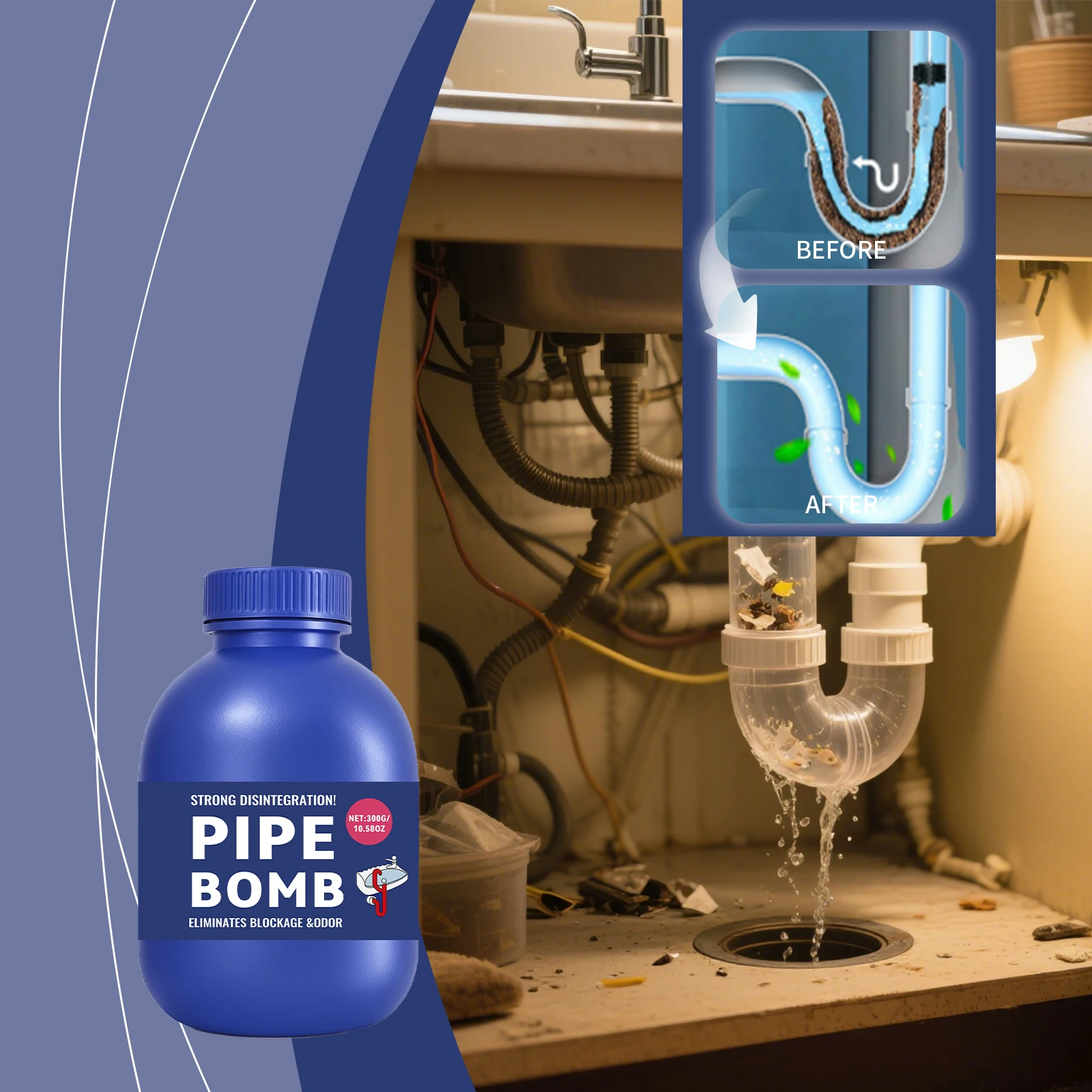 

300g Drain Opener Unclogging Powder for Sinks Drains Kitchen Toilet Unclog Reduce Odors Drain Opener Household Cleaning Tool