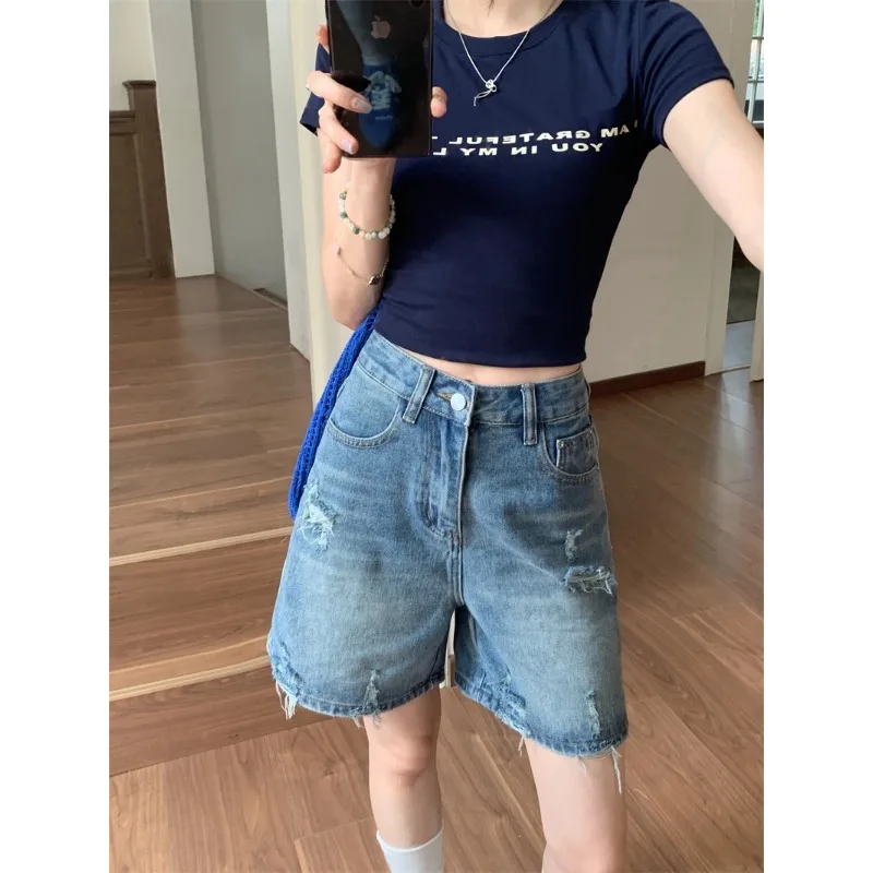 Women High Waist Ripped Denim Bermuda Shorts Loose Wide Leg Five Points Jeans Summer Casual Pants