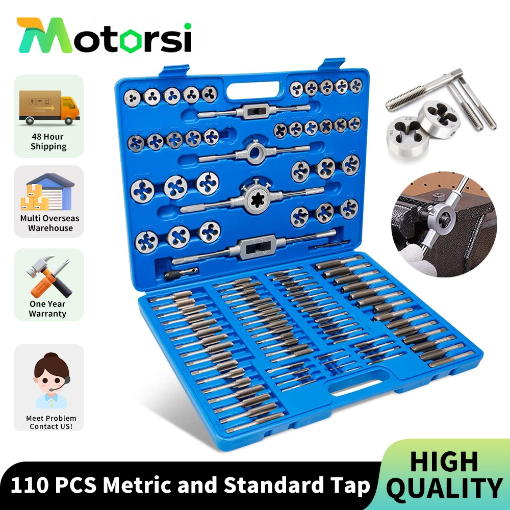 Motorsi 110 pièces M2-ensemble de tarauds et de matrices à filetage d'écrou à vis, clé à taraud en T, roulement en acier titane, ensemble d'outils pour le travail du métal