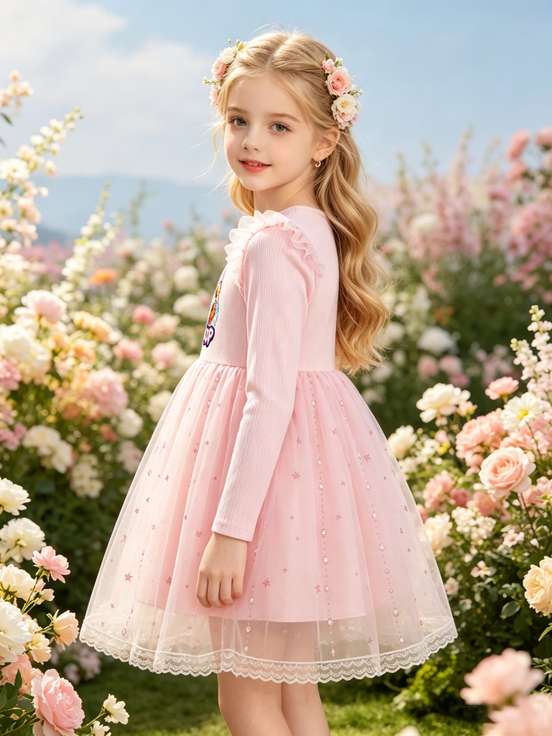 Mädchen-Prinzessinnenkleid im K-Pop-Stil mit Cartoon-Print: Rosa geripptes Langarm-Oberteil, kombiniert mit einem Tüllrock mit Sternen-Pailletten – ein Kleid, das… – Detail 4