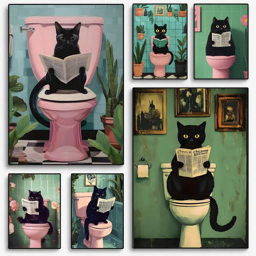 Whimsical Black Cat Reading Newspaper Poster Room Home Decoration Interior Wall Art Printing Garage Posters Gift