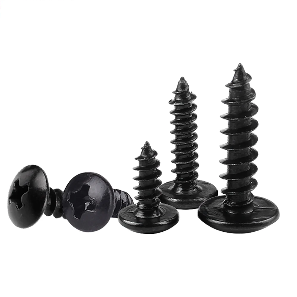 50pcs M2.6 M3 M4 M5 Steel with Black Phillips Truss Head (Cross Recessed Mushroom Head) Self Tapping Screws Wood Screw